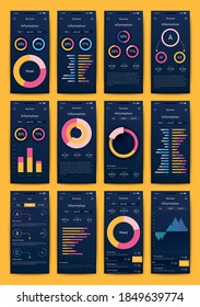 Modern infographic vector elements for business brochures. Use in website, corporate brochure, advertising and marketing. Pie charts, line graphs, bar graphs and timelines.