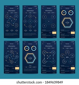 Modern infographic vector elements for business brochures. Use in website, corporate brochure, advertising and marketing. Pie charts, line graphs, bar graphs and timelines.