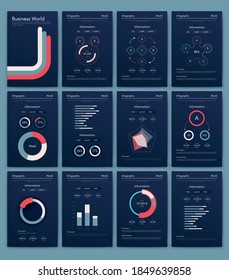 Elementos vectores de infografía modernos para folletos comerciales. Uso en sitios web, folletos corporativos, publicidad y marketing. Gráficos, gráficos de líneas, gráficos de barras y líneas de tiempo.