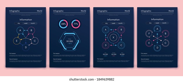 Modern infographic vector elements for business brochures. Use in website, corporate brochure, advertising and marketing. Pie charts, line graphs, bar graphs and timelines.