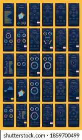 Elementos vectores de infografía modernos para folletos comerciales. Uso en sitios web, folletos corporativos, publicidad y marketing. Gráficos, gráficos de líneas, gráficos de barras y líneas de tiempo.