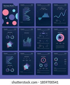 Modern infographic vector elements for business brochures. Use in website, corporate brochure, advertising and marketing. Pie charts, line graphs, bar graphs and timelines.