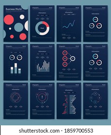 Modern infographic vector elements for business brochures. Use in website, corporate brochure, advertising and marketing. Pie charts, line graphs, bar graphs and timelines.