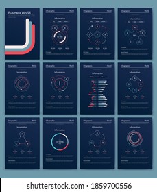 Modern infographic vector elements for business brochures. Use in website, corporate brochure, advertising and marketing. Pie charts, line graphs, bar graphs and timelines.