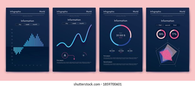 Modern infographic vector elements for business brochures. Use in website, corporate brochure, advertising and marketing. Pie charts, line graphs, bar graphs and timelines.