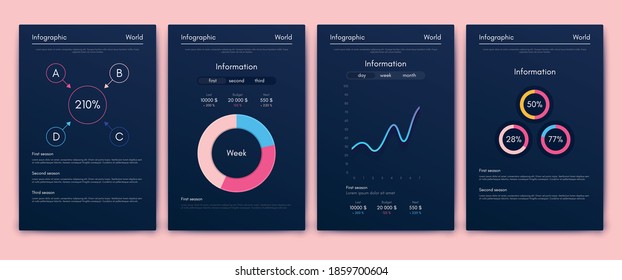 Elementos vectores de infografía modernos para folletos comerciales. Uso en sitios web, folletos corporativos, publicidad y marketing. Gráficos, gráficos de líneas, gráficos de barras y líneas de tiempo.