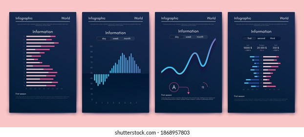 Elementos vectores de infografía modernos para folletos comerciales. Uso en sitios web, folletos corporativos, publicidad y marketing. Gráficos, gráficos de líneas, gráficos de barras y líneas de tiempo.