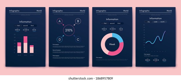 Elementos vectores de infografía modernos para folletos comerciales. Uso en sitios web, folletos corporativos, publicidad y marketing. Gráficos, gráficos de líneas, gráficos de barras y líneas de tiempo.