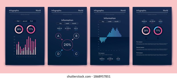 Modern infographic vector elements for business brochures. Use in website, corporate brochure, advertising and marketing. Pie charts, line graphs, bar graphs and timelines.