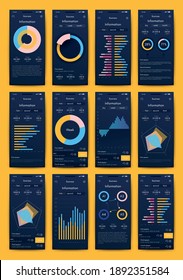Elementos vectores de infografía modernos para folletos comerciales. Uso en sitios web, folletos corporativos, publicidad y marketing. Gráficos, gráficos de líneas, gráficos de barras y líneas de tiempo.