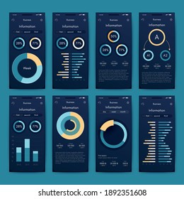 Modern infographic vector elements for business brochures. Use in website, corporate brochure, advertising and marketing. Pie charts, line graphs, bar graphs and timelines.