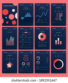 Elementos vectores de infografía modernos para folletos comerciales. Uso en sitios web, folletos corporativos, publicidad y marketing. Gráficos, gráficos de líneas, gráficos de barras y líneas de tiempo.