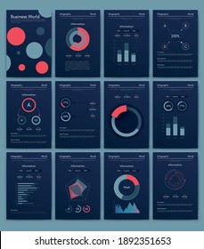 Modern infographic vector elements for business brochures. Use in website, corporate brochure, advertising and marketing. Pie charts, line graphs, bar graphs and timelines.
