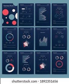 Modern infographic vector elements for business brochures. Use in website, corporate brochure, advertising and marketing. Pie charts, line graphs, bar graphs and timelines.