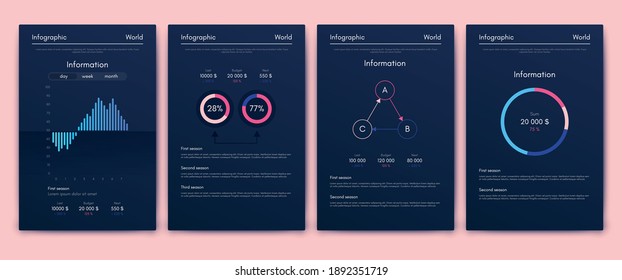Modern infographic vector elements for business brochures. Use in website, corporate brochure, advertising and marketing. Pie charts, line graphs, bar graphs and timelines.