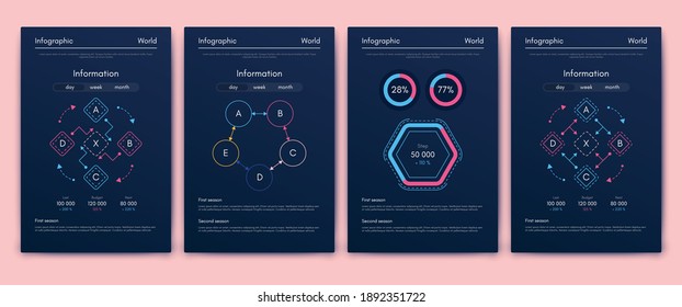 Modern infographic vector elements for business brochures. Use in website, corporate brochure, advertising and marketing. Pie charts, line graphs, bar graphs and timelines.