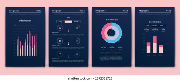 Modern infographic vector elements for business brochures. Use in website, corporate brochure, advertising and marketing. Pie charts, line graphs, bar graphs and timelines.