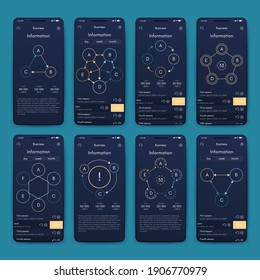 Moderne Infografik-Vektorelemente für Geschäftsbroschüren. Verwendung auf Website, Corporate Broschüre, Werbung und Marketing. Pie-Diagramme, Zeilentafeln, Strichgraphen und Zeitachsen.