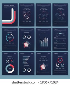 Modern infographic vector elements for business brochures. Use in website, corporate brochure, advertising and marketing. Pie charts, line graphs, bar graphs and timelines.