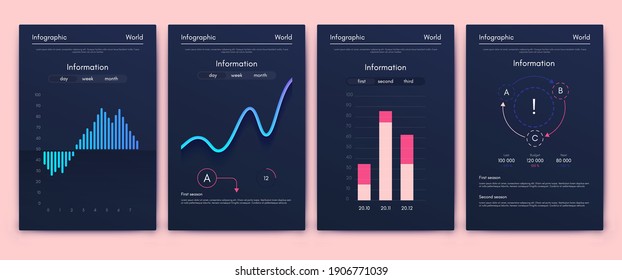 Modern infographic vector elements for business brochures. Use in website, corporate brochure, advertising and marketing. Pie charts, line graphs, bar graphs and timelines.