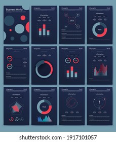 Modern infographic vector elements for business brochures. Use in website, corporate brochure, advertising and marketing. Pie charts, line graphs, bar graphs and timelines.