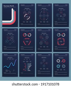 Modern infographic vector elements for business brochures. Use in website, corporate brochure, advertising and marketing. Pie charts, line graphs, bar graphs and timelines.