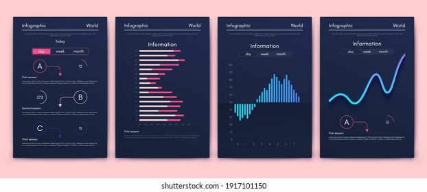 Elementos vectores de infografía modernos para folletos comerciales. Uso en sitios web, folletos corporativos, publicidad y marketing. Gráficos, gráficos de líneas, gráficos de barras y líneas de tiempo.