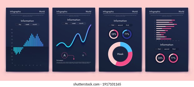 Modern infographic vector elements for business brochures. Use in website, corporate brochure, advertising and marketing. Pie charts, line graphs, bar graphs and timelines.