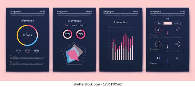 Modern infographic vector elements for business brochures. Use in website, corporate brochure, advertising and marketing. Pie charts, line graphs, bar graphs and timelines.