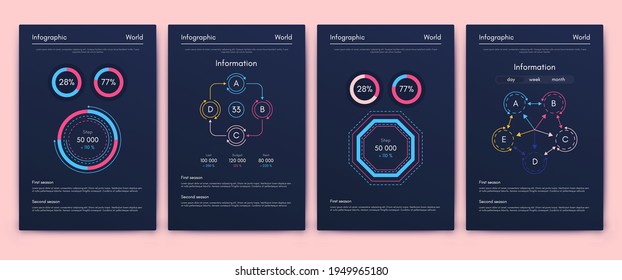 Elementos vectores de infografía modernos para folletos comerciales. Uso en sitios web, folletos corporativos, publicidad y marketing. Gráficos, gráficos de líneas, gráficos de barras y líneas de tiempo.