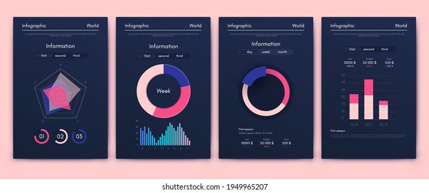Elementos vectores de infografía modernos para folletos comerciales. Uso en sitios web, folletos corporativos, publicidad y marketing. Gráficos, gráficos de líneas, gráficos de barras y líneas de tiempo.