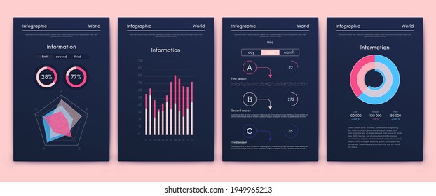 Elementos vectores de infografía modernos para folletos comerciales. Uso en sitios web, folletos corporativos, publicidad y marketing. Gráficos, gráficos de líneas, gráficos de barras y líneas de tiempo.