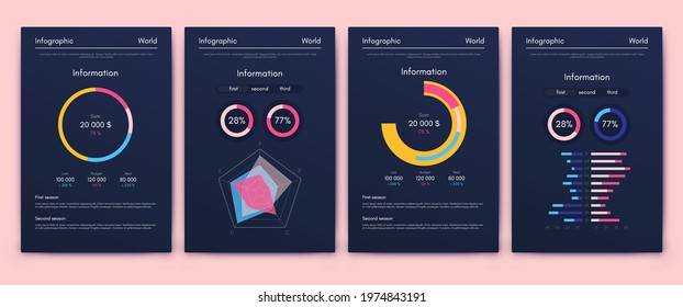 Modern infographic vector elements for business brochures. Use in website, corporate brochure, advertising and marketing. Pie charts, line graphs, bar graphs and timelines.