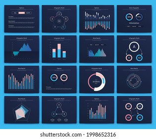 Modern infographic vector elements for business brochures. Use in website, corporate brochure, advertising and marketing. Pie charts, line graphs, bar graphs and timelines.