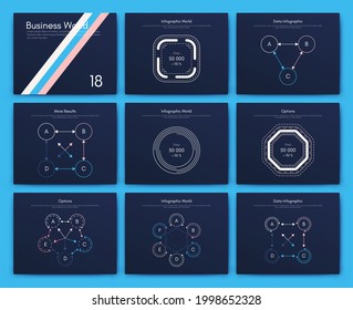 Moderne Infografik-Vektorelemente für Geschäftsbroschüren. Verwendung auf Website, Corporate Broschüre, Werbung und Marketing. Pie-Diagramme, Zeilentafeln, Strichgraphen und Zeitachsen.
