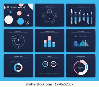 Modern infographic vector elements for business brochures. Use in website, corporate brochure, advertising and marketing. Pie charts, line graphs, bar graphs and timelines.