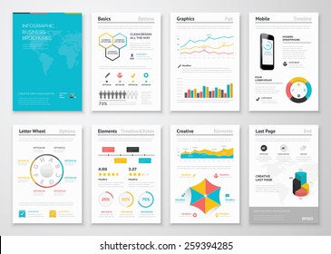 Modern infographic vector elements for business brochures. Use in website, corporate brochure, advertising and marketing. Pie charts, line graphs, bar graphs and timelines.