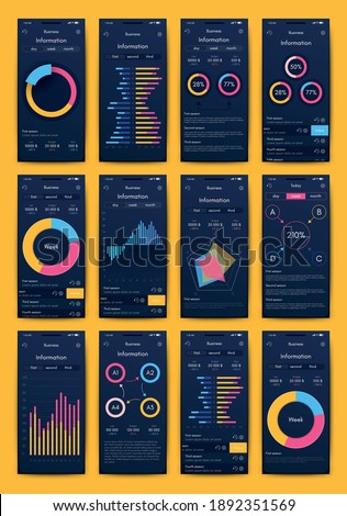 Modern infographic vector elements for business brochures. Use in website, corporate brochure, advertising and marketing. Pie charts, line graphs, bar graphs and timelines.