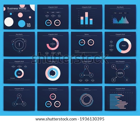 Modern infographic vector elements for business brochures. Use in website, corporate brochure, advertising and marketing. Pie charts, line graphs, bar graphs and timelines.