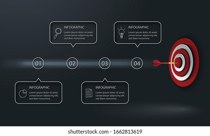 Modern infographic, Vector illustration with target, dart and 4 text boxes on dark background  