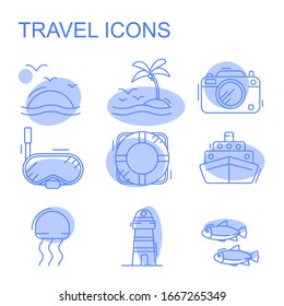 Modern infographic vector logo pictogram collection concept. Line icons with flat design elements of air travel to resort vacation, tour planning, recreational rest, holiday trip for leisure activity.