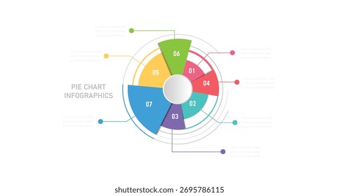 Plantilla de Vector de infografía moderna. Gráfico circular circular dividido en 7 sectores coloridos. Concepto de ocho características del proyecto de inicio para seleccionar. Ilustración vectorial.