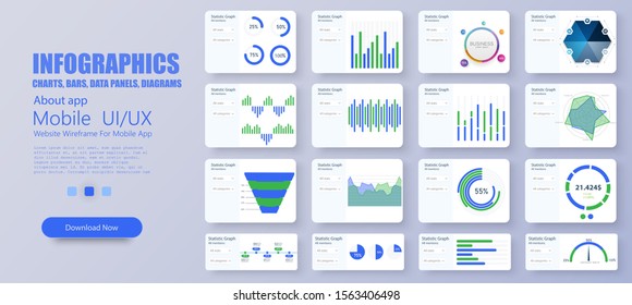 Modern infographic vector template with statistics graphs and finance charts. Detailed infographics. UI, UX, KIT, GUI elements(Charts, infographics, bars, data panels, diagrams, Admin) Design template