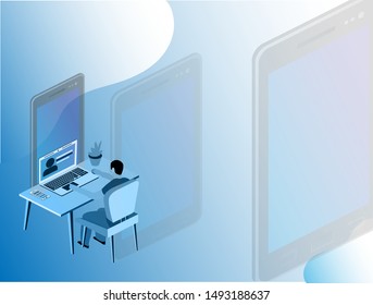 Modern infographic for web background design. Communication app smartphone concept. Office concept business people vector illustration flat design. Isometric flat vector