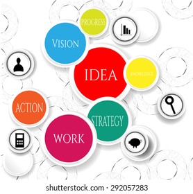 Modern, infographic, white background with labels with text - work, idea, strategy, success, action, creativity, vision, black icons - graph, man, moneybox, calculator, magnifier, design template
