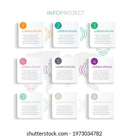 Modern Infographics 9 options design Process connection with flowchart timeline