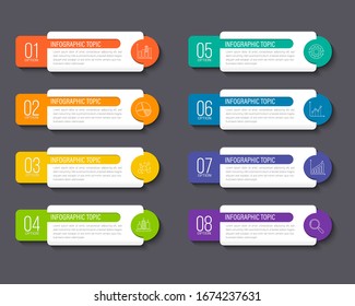 Modern infographics business design with 8 option concepts, parts, steps or processes can be used for workflow layout, diagram, number options, web design. infographic element.