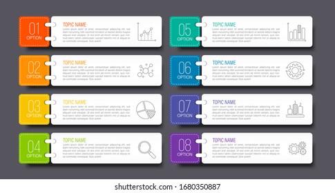 Modern infographics business design with 8 option concepts, parts, steps or processes can be used for workflow layout, diagram, number options, web design. infographic element.
