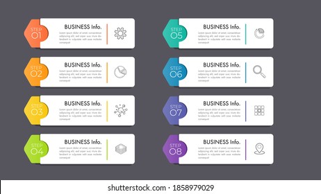 Modern infographics business design with 8 option concepts, parts, steps or processes can be used for workflow layout, diagram, number options, web design. infographic element.