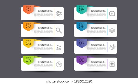 Modern infographics business design with 8 option concepts, parts, steps or processes can be used for workflow layout, diagram, number options, web design. infographic element.